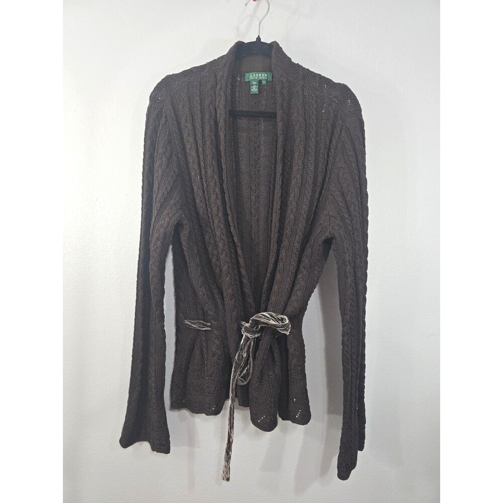 Lauren Ralph Lauren VTG Chunky Knit Brown Open Cardigan Velvet Belt XL Y2K